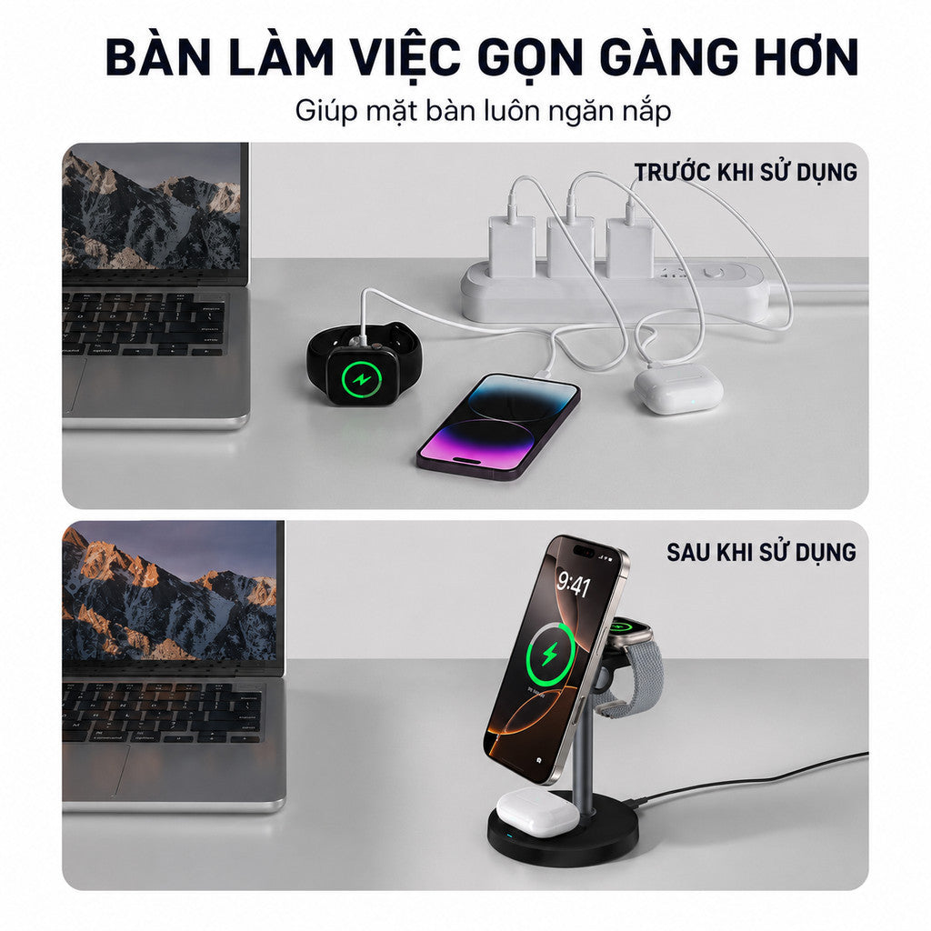 Bộ sạc MagSafe 3 in 1 chuẩn Qi2 iPhone tai nghe AirPods đồng hồ — ảnh 5