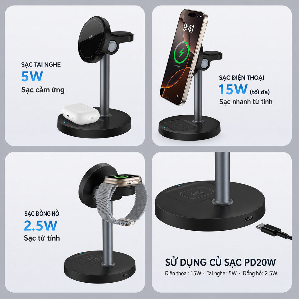 Bộ sạc MagSafe 3 in 1 chuẩn Qi2 iPhone tai nghe AirPods đồng hồ — ảnh 3