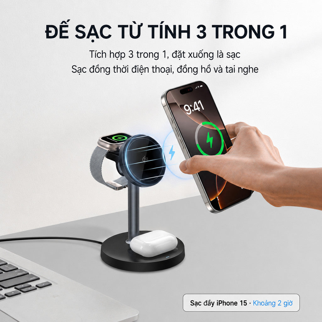 Bộ sạc MagSafe 3 in 1 chuẩn Qi2 iPhone tai nghe AirPods đồng hồ — ảnh 2