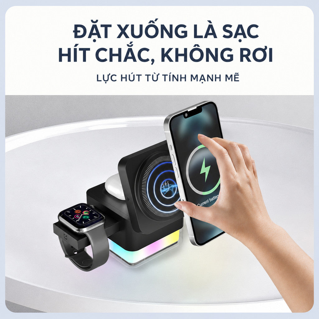 Đế sạc MagSafe 3 trong 1 15W có LED RGB iPhone đồng hồ — ảnh 3